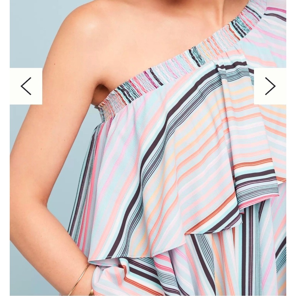 Anthropologie Striped One Shoulder Ruffle Tiered Maxi Dress Multi Color Boho - Picture 2 of 9